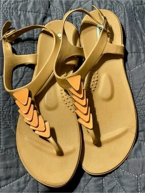 OkaB Womens Tan T-Strap Sandals with Orange Accents
